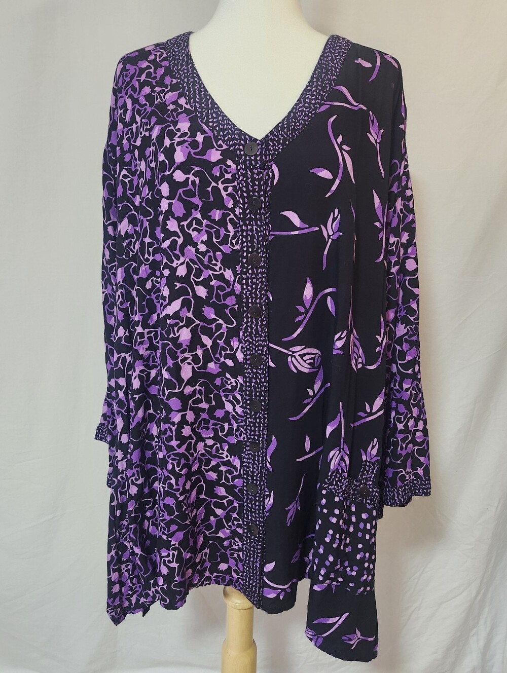 Blue Sky Purple & Black Patchwork V-Neck Swing Blouse With Patch Pocket.